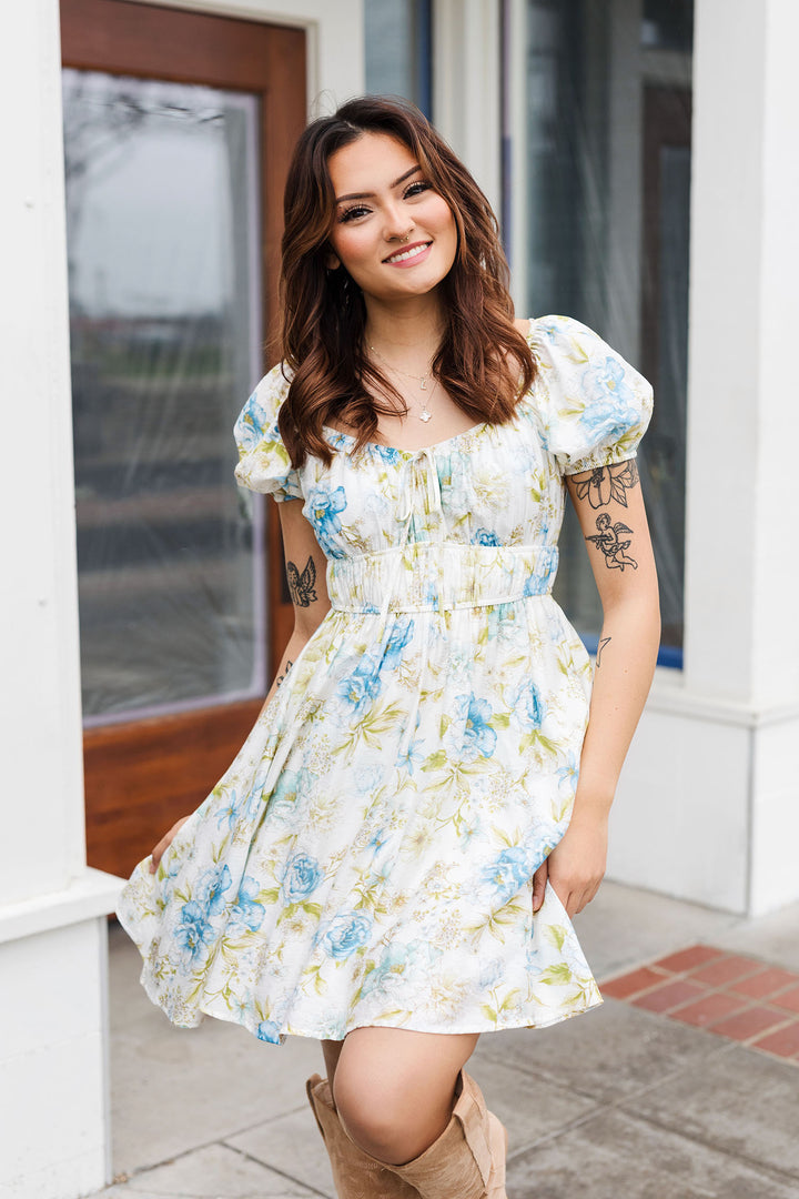 The Kelsey Blue Floral Mini Dress