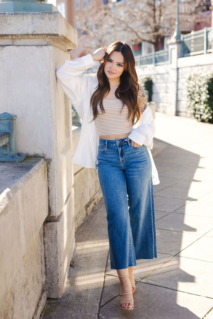 The Slow Burn Striped Strapless Top