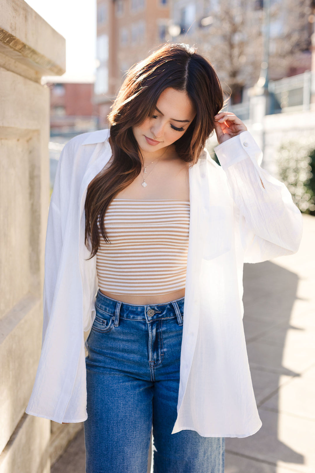 The Slow Burn Striped Strapless Top