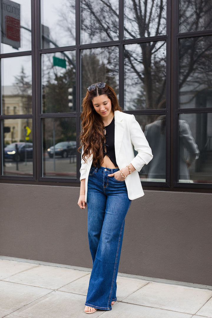 The Florence White Ruched Sleeve Blazer