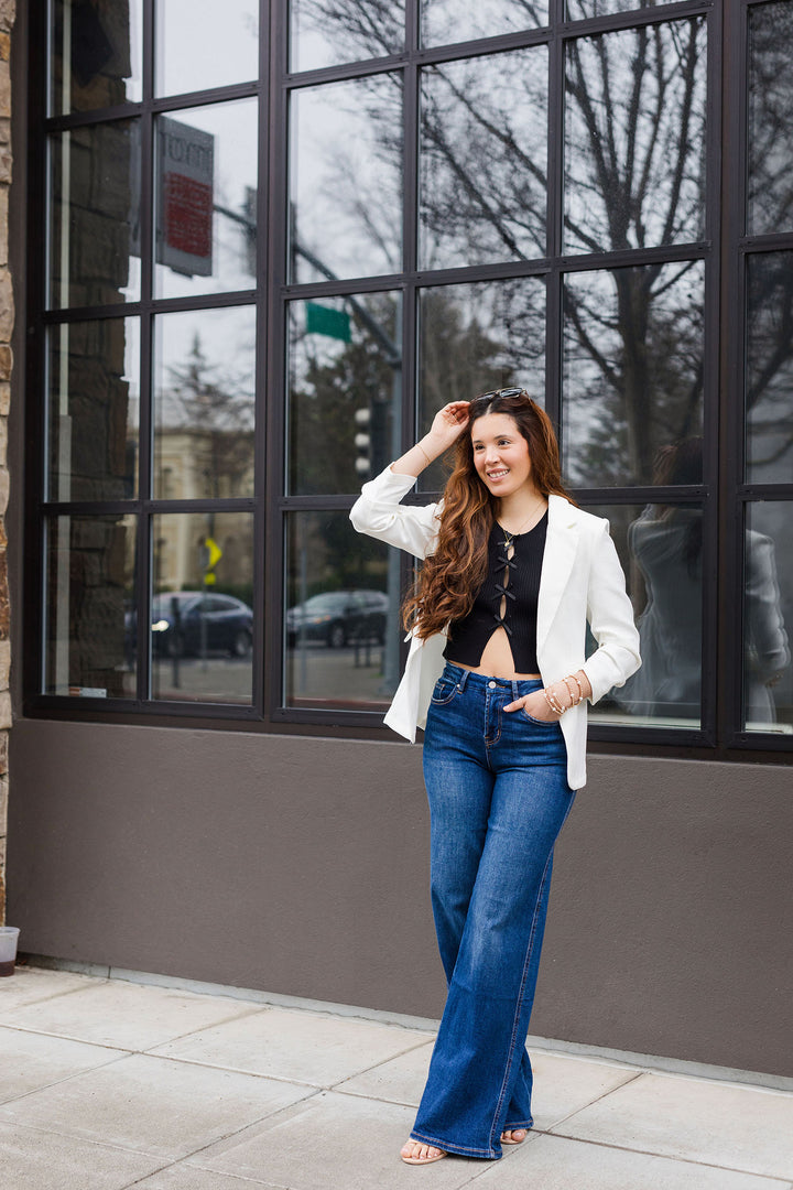 The Florence White Ruched Sleeve Blazer