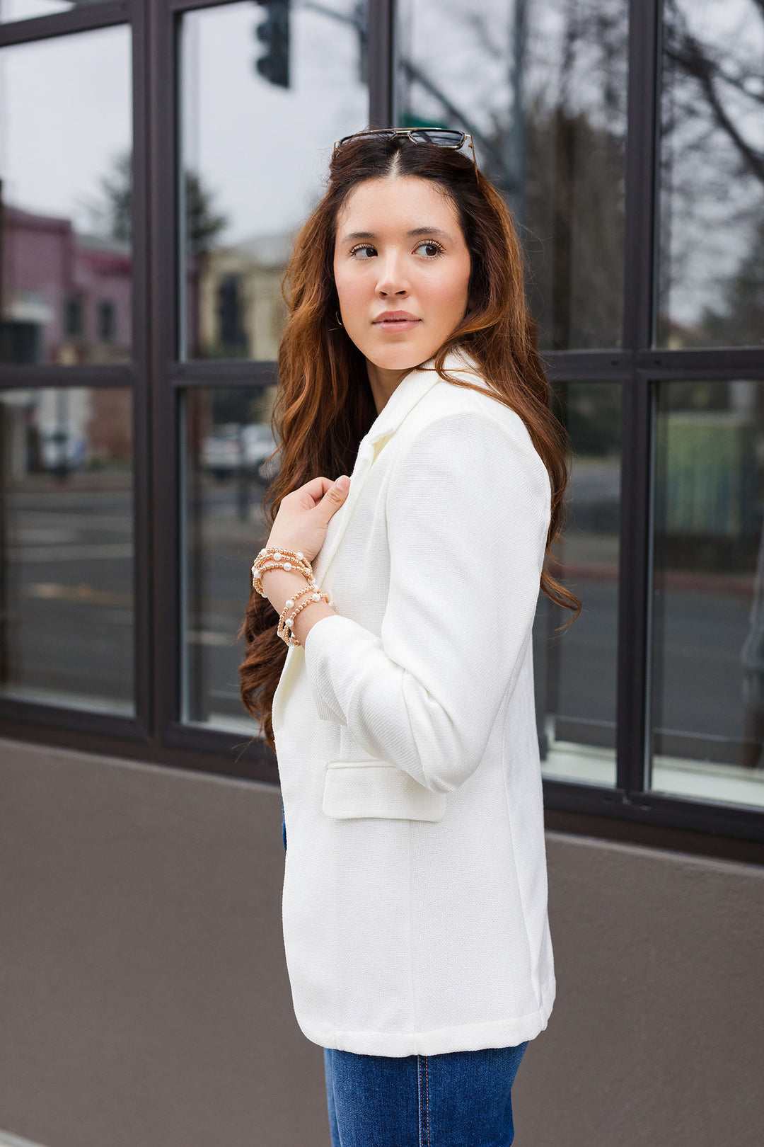 The Florence White Ruched Sleeve Blazer