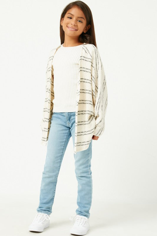 Girls Ribbed Knit Striped Open Cardigan